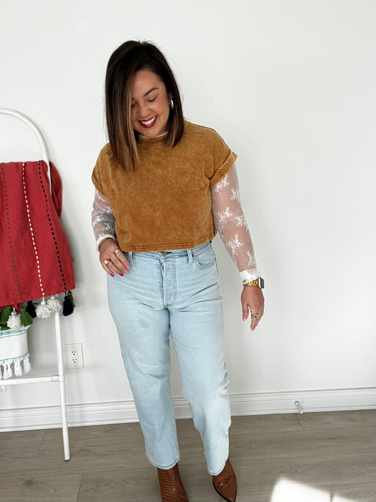 Acid Wash Carmel Crop Tee